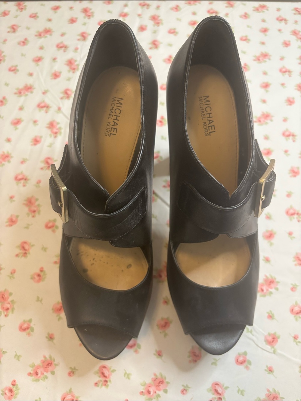 Michael Kors Black Leather Peep-Toe Heels with Buckle Strap